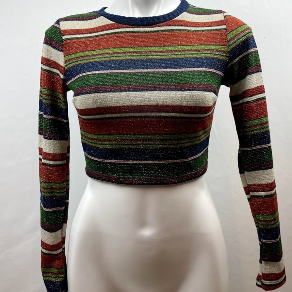 Lush Lurex Shiny Striped Long Sleeve Crop Top Small